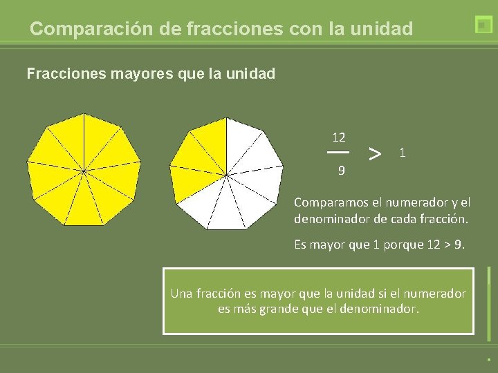 Comparación de fracciones con la unidad Fracciones mayores que la unidad 12 9 >