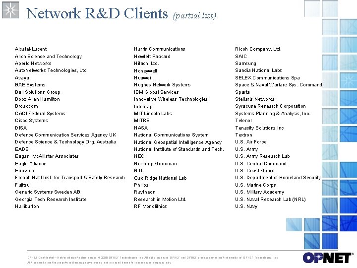 Network R&D Clients (partial list) Alcatel-Lucent Alion Science and Technology Aperto Networks Auto. Networks Network R&D Clients (partial list) Alcatel-Lucent Alion Science and Technology Aperto Networks Auto. Networks