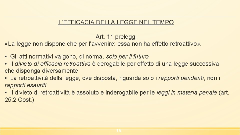 L’EFFICACIA DELLA LEGGE NEL TEMPO Art. 11 preleggi «La legge non dispone che per