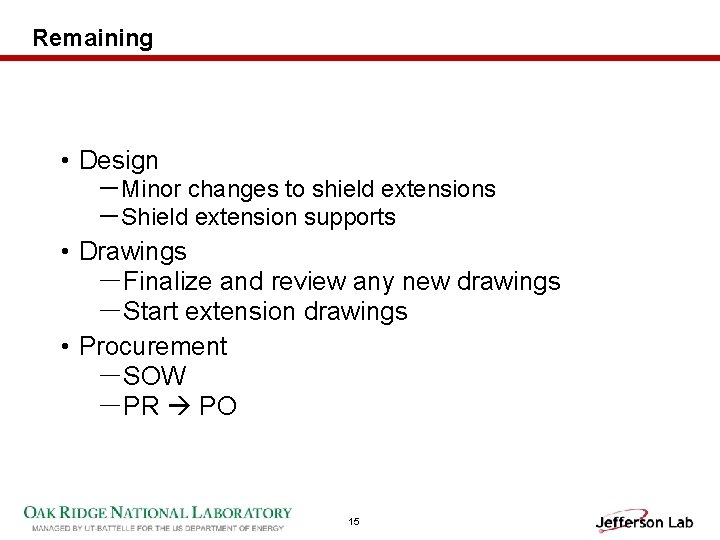 Remaining • Design －Minor changes to shield extensions －Shield extension supports • Drawings －Finalize