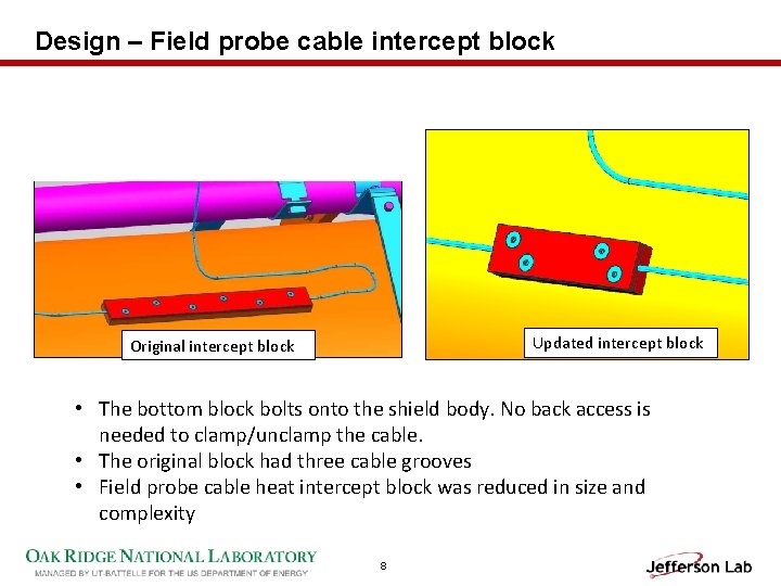 Design – Field probe cable intercept block Updated intercept block Original intercept block •