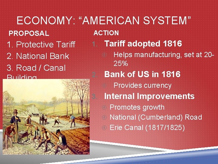 ECONOMY: “AMERICAN SYSTEM” PROPOSAL ACTION 1. Protective Tariff 2. National Bank 3. Road /