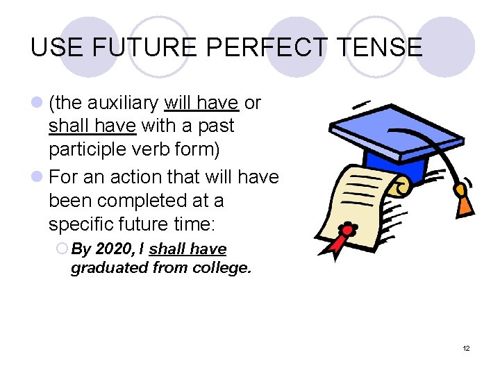 USE FUTURE PERFECT TENSE l (the auxiliary will have or shall have with a