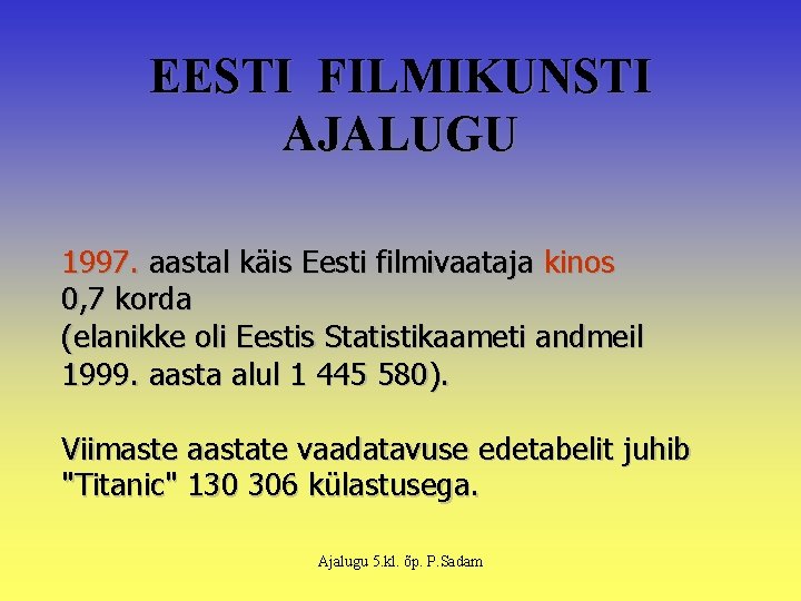 EESTI FILMIKUNSTI AJALUGU 1997. aastal käis Eesti filmivaataja kinos 0, 7 korda (elanikke oli EESTI FILMIKUNSTI AJALUGU 1997. aastal käis Eesti filmivaataja kinos 0, 7 korda (elanikke oli