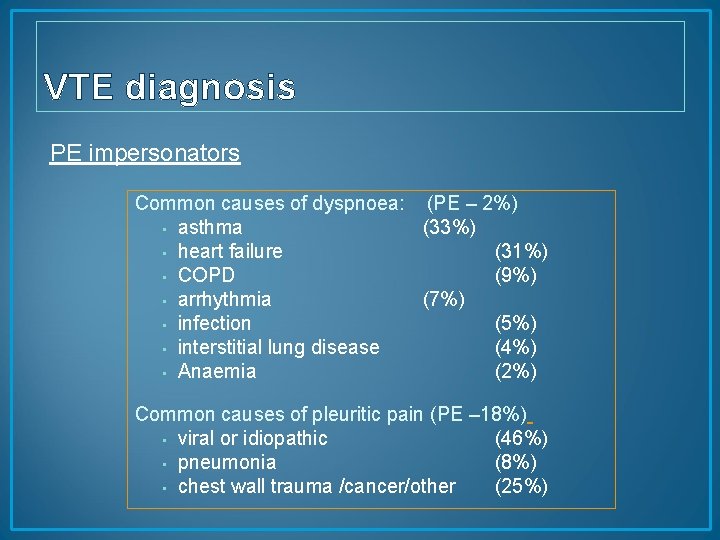 VTE diagnosis PE impersonators Common causes of dyspnoea: (PE – 2%) • asthma (33%)