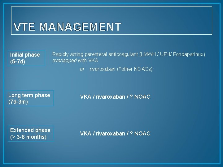 VTE MANAGEMENT Initial phase (5 -7 d) Rapidly acting parenteral anticoagulant (LMWH / UFH/