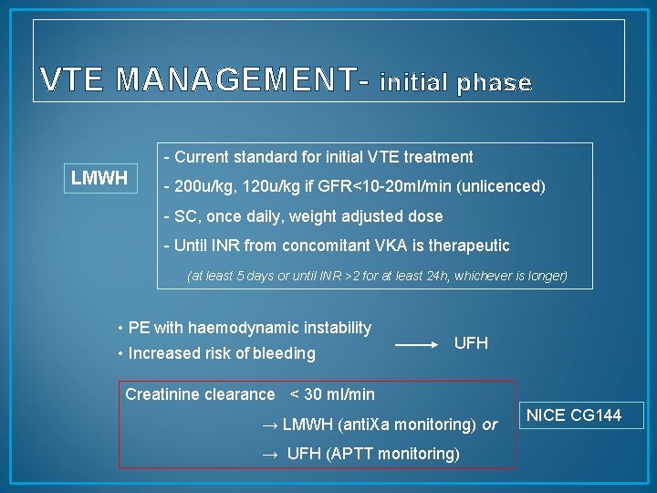 VTE MANAGEMENT- initial phase - Current standard for initial VTE treatment LMWH - 200