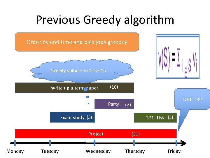 Previous Greedy algorithm Order by end time and pick jobs greedily Greedy value =