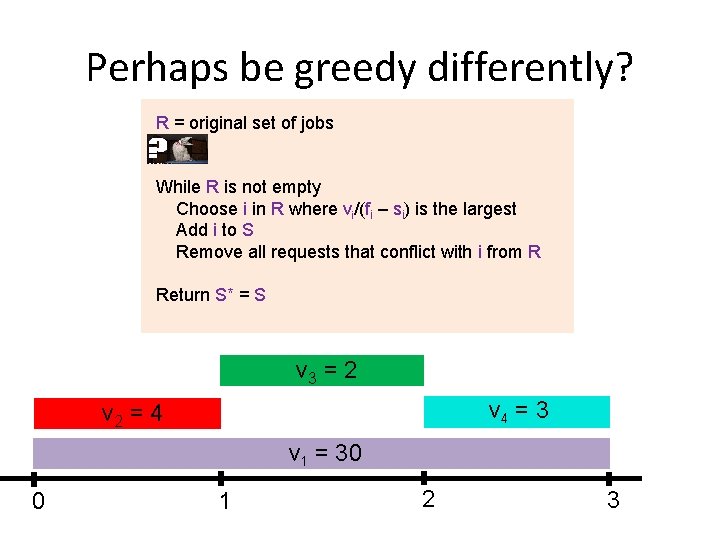 Perhaps be greedy differently? R = original set of jobs While R is not