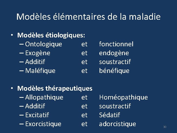 Modèles élémentaires de la maladie • Modèles étiologiques: – Ontologique et – Exogène et