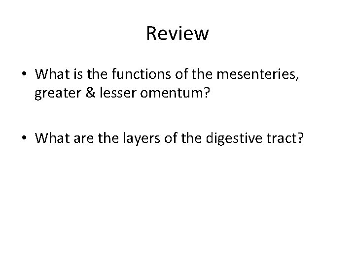 Review • What is the functions of the mesenteries, greater & lesser omentum? • Review • What is the functions of the mesenteries, greater & lesser omentum? •