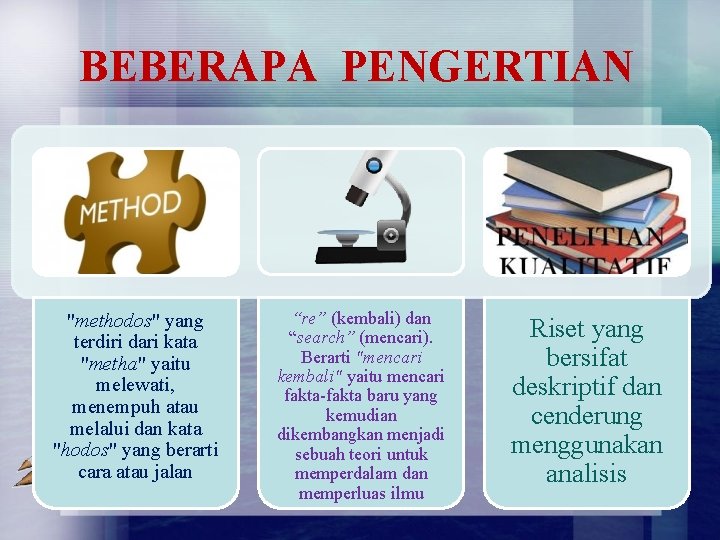 BEBERAPA PENGERTIAN "methodos" yang terdiri dari kata "metha" yaitu melewati, menempuh atau melalui dan