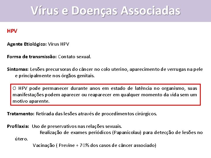 HPV Agente Etiológico: Vírus HPV Forma de transmissão: Contato sexual. Sintomas: Lesões precursoras do