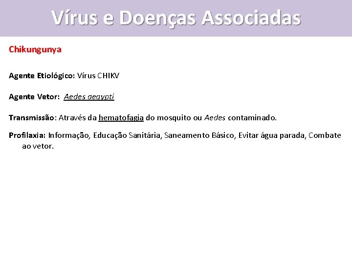 Chikungunya Agente Etiológico: Vírus CHIKV Agente Vetor: Aedes aegypti Transmissão: Através da hematofagia do