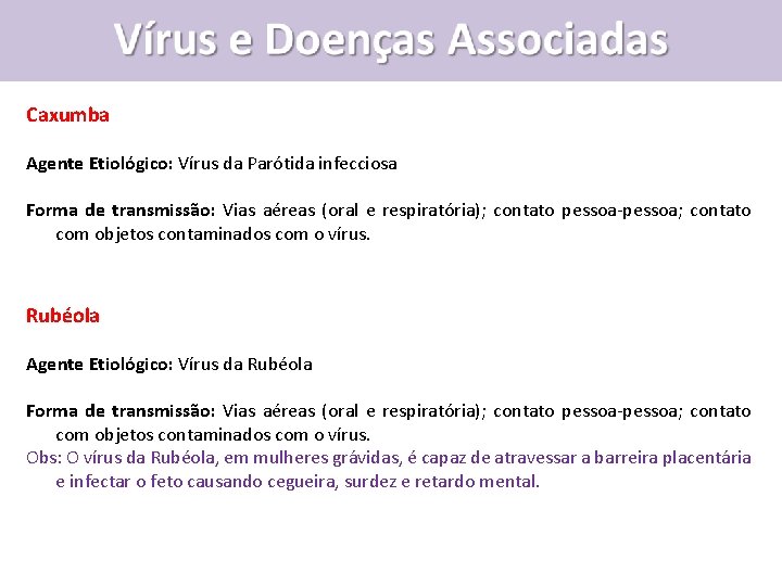 Caxumba Agente Etiológico: Vírus da Parótida infecciosa Forma de transmissão: Vias aéreas (oral e