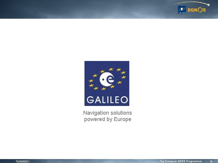 Navigation solutions powered by Europe * 12/06/2021 The European GNSS Programmes 10 Navigation solutions powered by Europe * 12/06/2021 The European GNSS Programmes 10