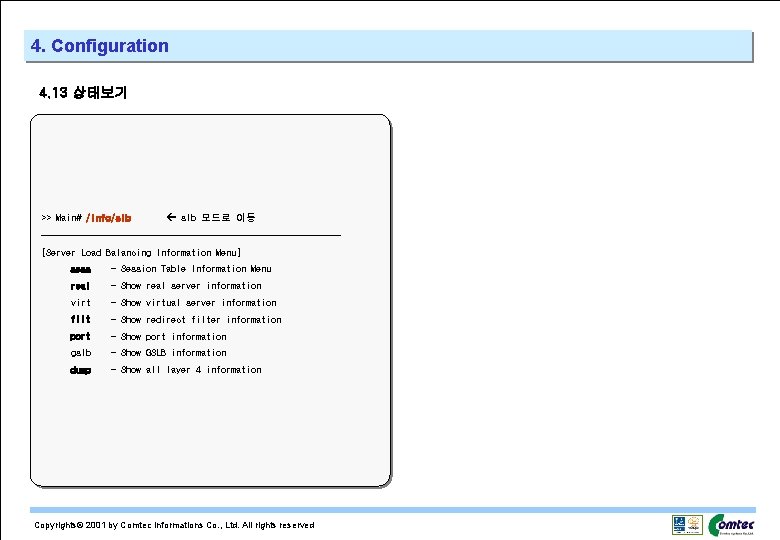 4. Configuration 4. 13 상태보기 >> Main# /info/slb 모드로 이동 ------------------------------[Server Load Balancing Information