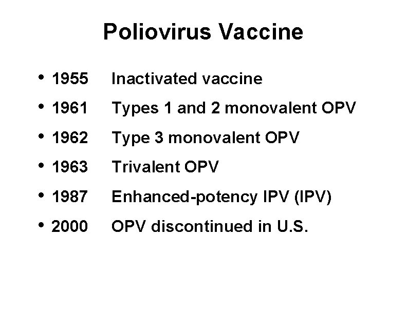 Poliovirus Vaccine • • • 1955 Inactivated vaccine 1961 Types 1 and 2 monovalent