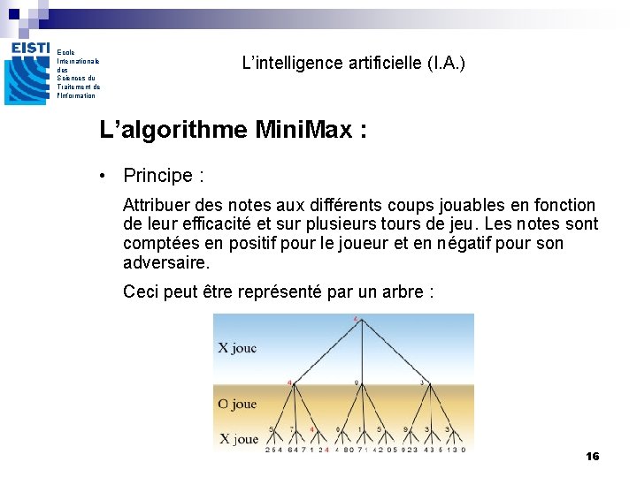 Ecole Internationale des Sciences du Traitement de l'Information L’intelligence artificielle (I. A. ) L’algorithme Ecole Internationale des Sciences du Traitement de l'Information L’intelligence artificielle (I. A. ) L’algorithme
