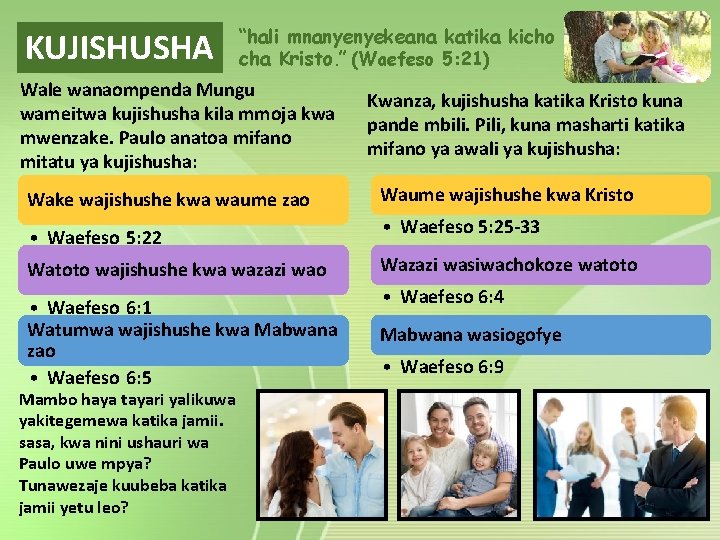 KUJISHUSHA “hali mnanyenyekeana katika kicho cha Kristo. ” (Waefeso 5: 21) Wale wanaompenda Mungu