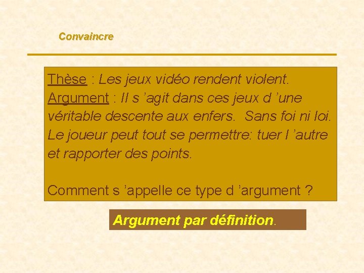 Convaincre Thèse : Les jeux vidéo rendent violent. Argument : Il s ’agit dans