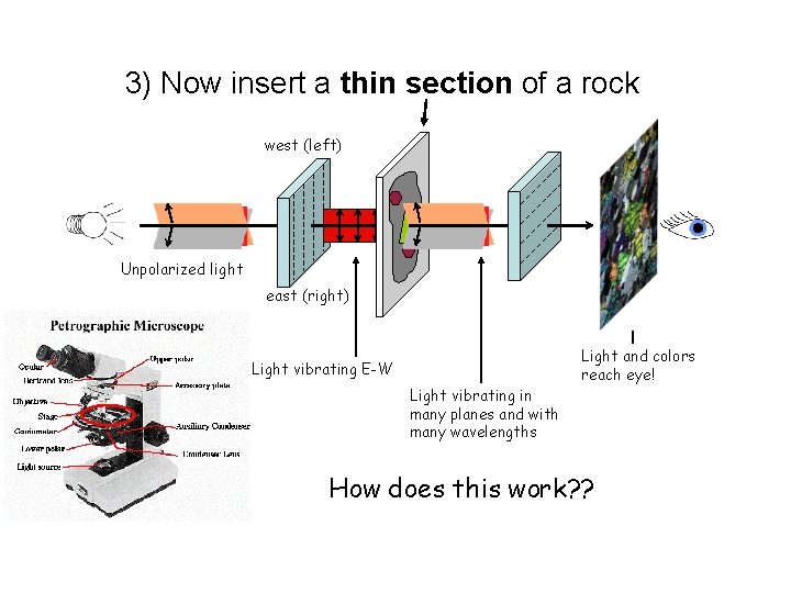 3) Now insert a thin section of a rock west (left) Unpolarized light east