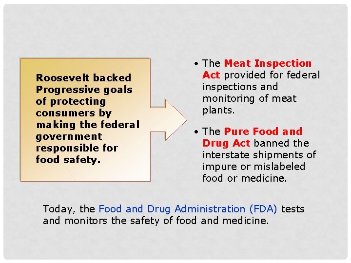 Roosevelt backed Progressive goals of protecting consumers by making the federal government responsible for