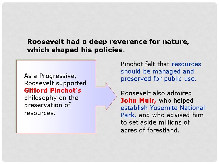 Roosevelt had a deep reverence for nature, which shaped his policies. As a Progressive,
