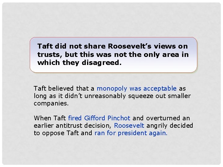 Taft did not share Roosevelt’s views on trusts, but this was not the only