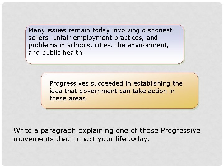 Many issues remain today involving dishonest sellers, unfair employment practices, and problems in schools,