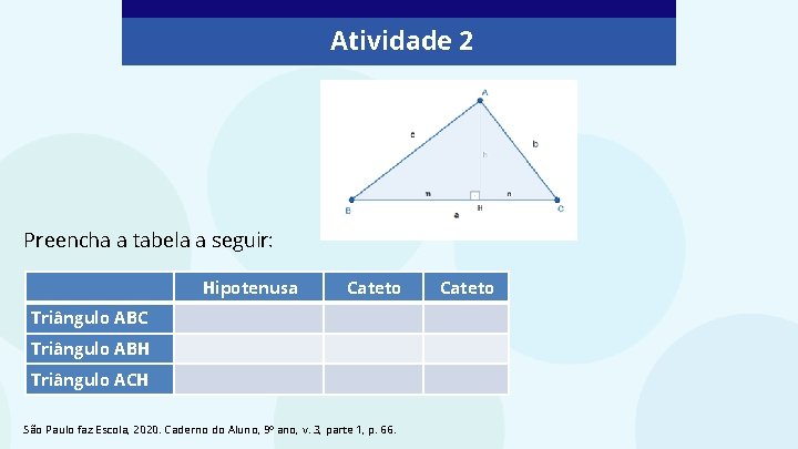 Atividade 2 Preencha a tabela a seguir: Hipotenusa Cateto Triângulo ABC Triângulo ABH Triângulo