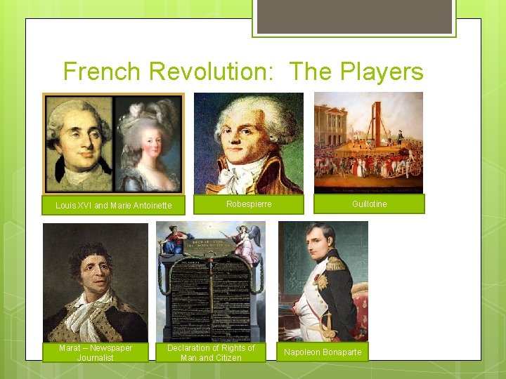 French Revolution: The Players Louis XVI and Marie Antoinette Marat – Newspaper Journalist Robespierre French Revolution: The Players Louis XVI and Marie Antoinette Marat – Newspaper Journalist Robespierre