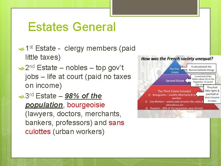 Estates General 1 st Estate - clergy members (paid little taxes) 2 nd Estate Estates General 1 st Estate - clergy members (paid little taxes) 2 nd Estate