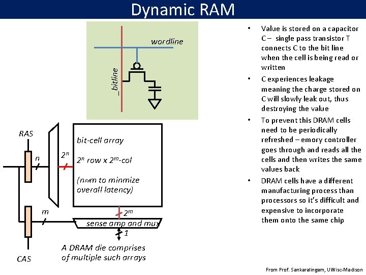 Dynamic RAM • _bitline wordline • • RAS bit-cell array 2 n n 2