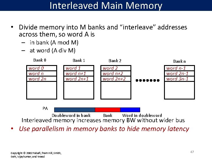 Interleaved Main Memory • Divide memory into M banks and “interleave” addresses across them,