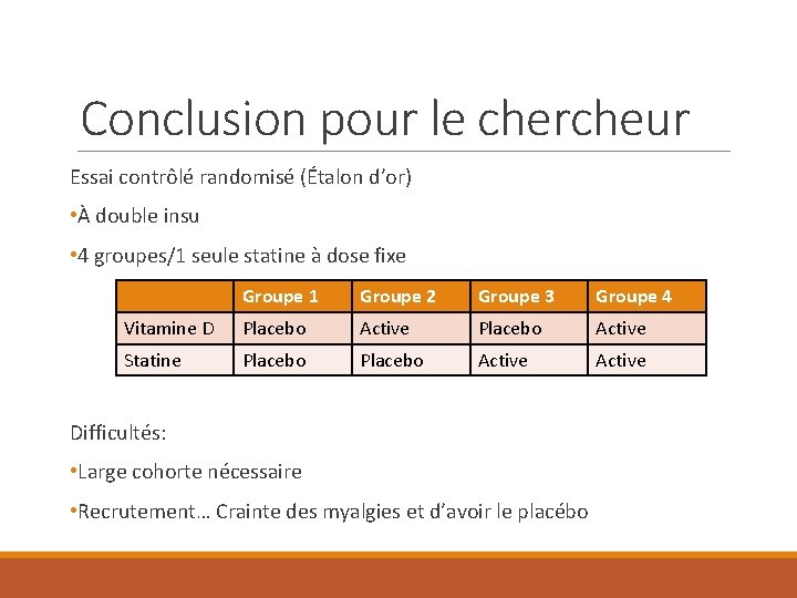 Conclusion pour le chercheur Essai contrôlé randomisé (Étalon d’or) • À double insu •