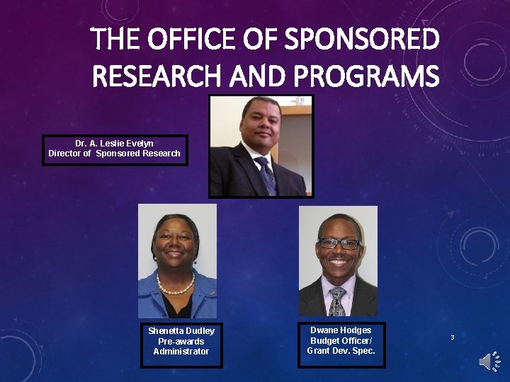 THE OFFICE OF SPONSORED RESEARCH AND PROGRAMS Dr. A. Leslie Evelyn Director of Sponsored