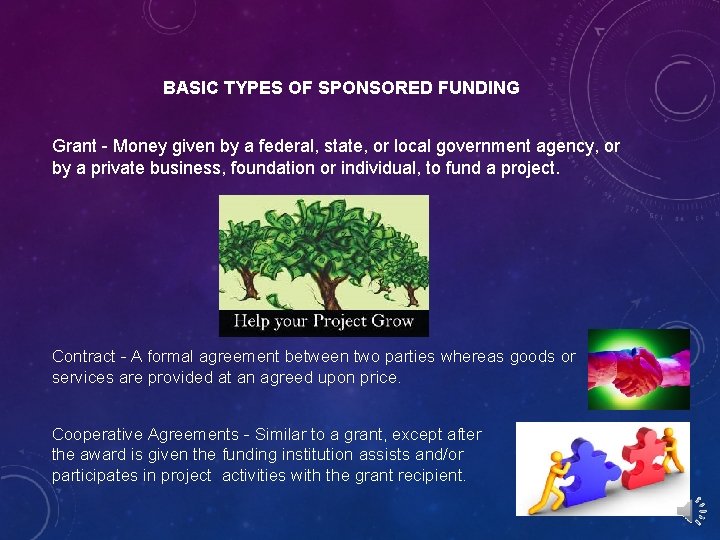 BASIC TYPES OF SPONSORED FUNDING Grant - Money given by a federal, state, or