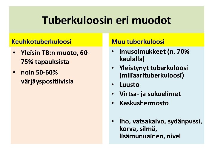 Tuberkuloosin eri muodot Keuhkotuberkuloosi • Yleisin TB: n muoto, 6075% tapauksista • noin 50