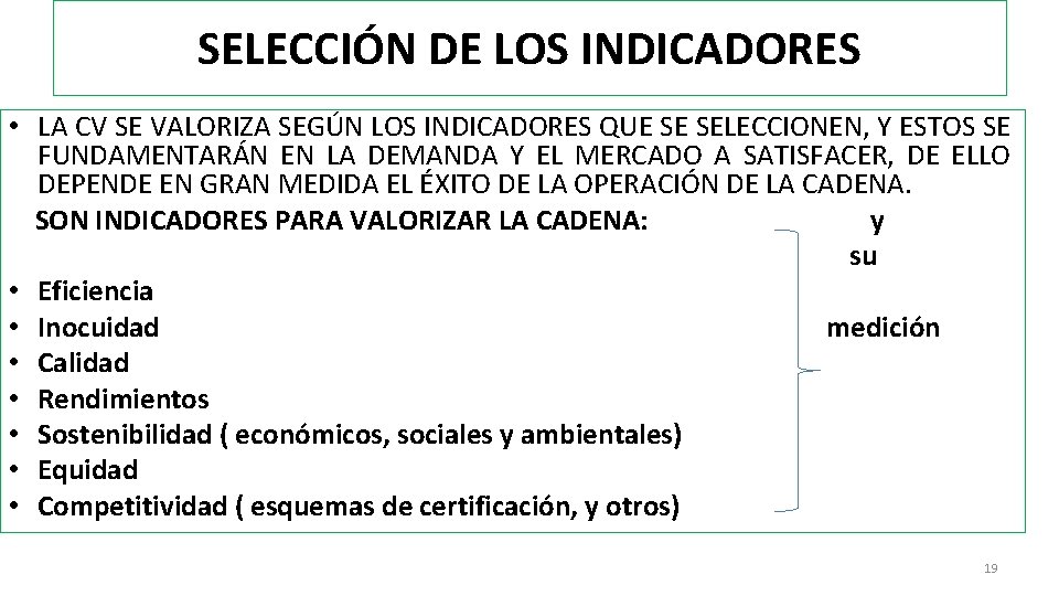 SELECCIÓN DE LOS INDICADORES • LA CV SE VALORIZA SEGÚN LOS INDICADORES QUE SE
