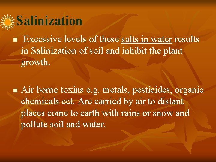 Salinization n n Excessive levels of these salts in water results in Salinization of