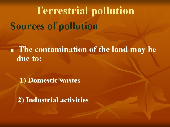 Terrestrial pollution Sources of pollution n The contamination of the land may be due