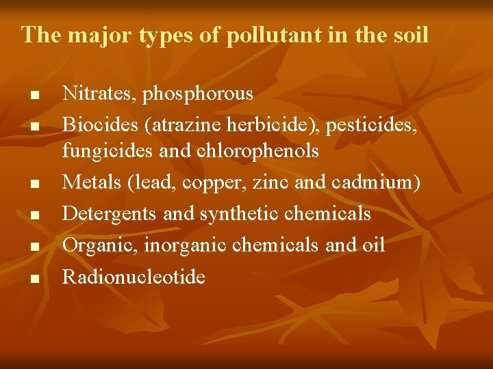 The major types of pollutant in the soil n n n Nitrates, phosphorous Biocides