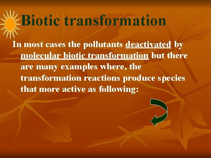 Biotic transformation In most cases the pollutants deactivated by molecular biotic transformation but there