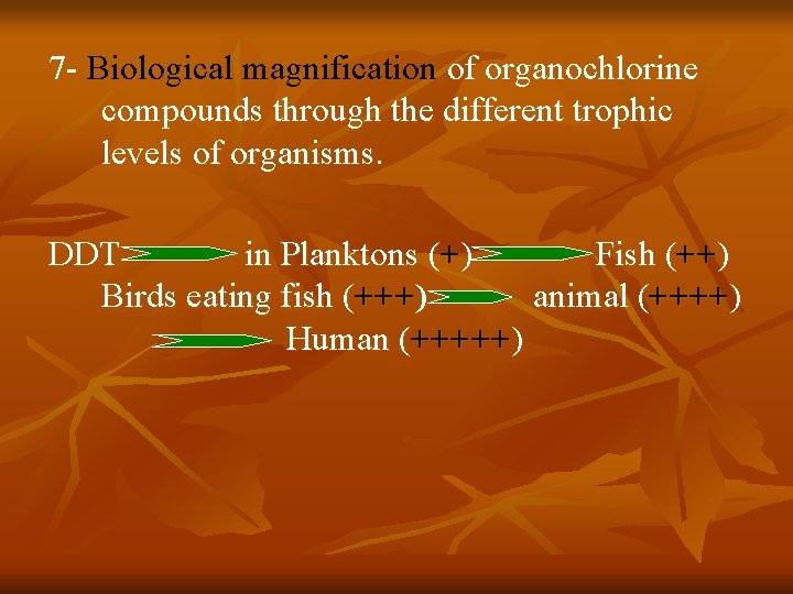 7 - Biological magnification of organochlorine compounds through the different trophic levels of organisms.