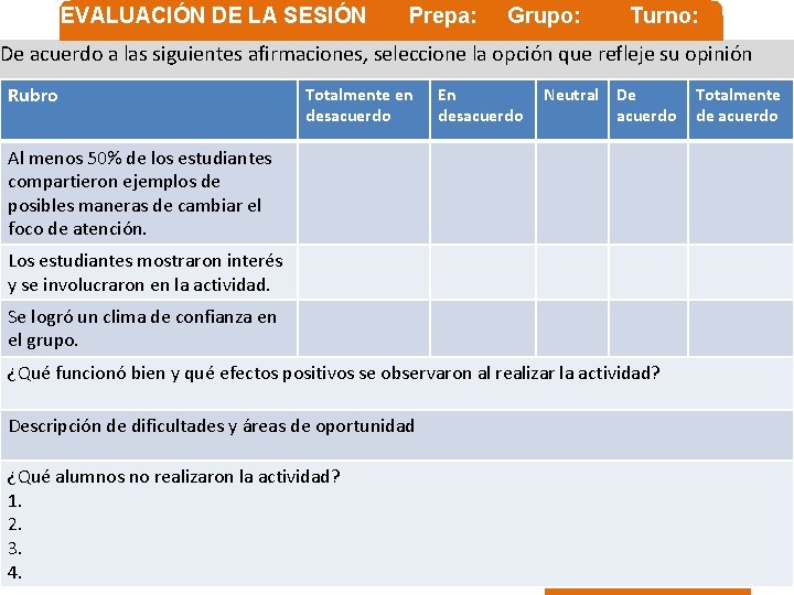 EVALUACIÓN DE LA SESIÓN Prepa: Grupo: Turno: De acuerdo a las siguientes afirmaciones, seleccione