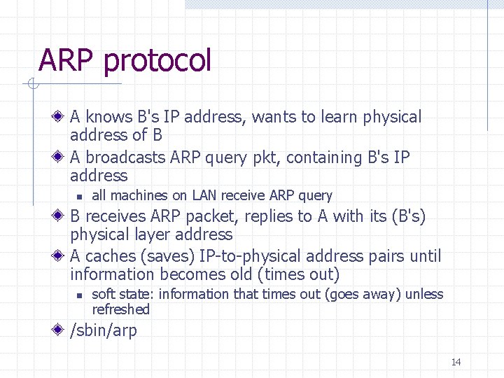 ARP protocol A knows B's IP address, wants to learn physical address of B