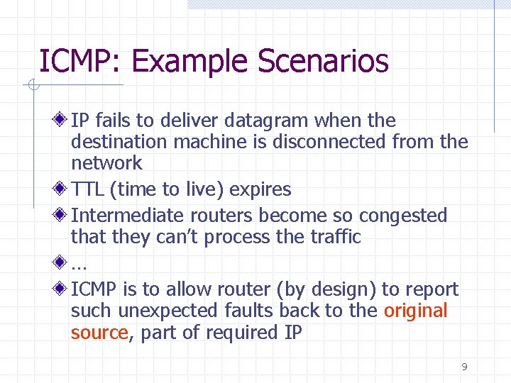 ICMP: Example Scenarios IP fails to deliver datagram when the destination machine is disconnected