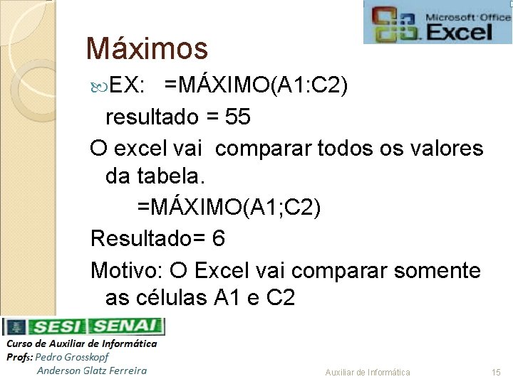 Máximos EX: =MÁXIMO(A 1: C 2) resultado = 55 O excel vai comparar todos