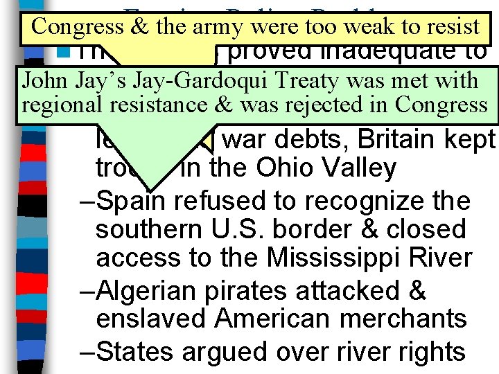 Policy Problems Congress. Foreign & the army were too weak to resist n The